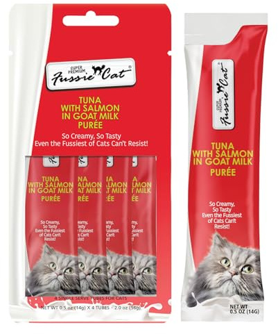 Fussie Cat Premium Tuna with Salmon in Goat Milk Puree, lickable cat Treats, 0.5oz Pouch Pack of 4