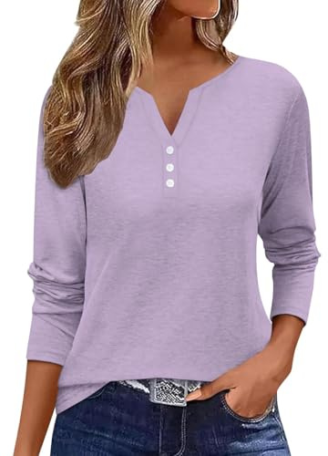 Minetom T Shirt Damen Langarmshirt V-Ausschnitt Knopfleiste Elegant Oberteile Basic Tops Einfarbig T-Shirt