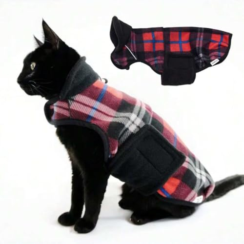 Sphynx Winddichte Rollkragenjacke für Katzen und Welpen, warmer Fleece-Hoodie für Herbst und Winter, einfach zu tragen, Katzenmantel mit Klettverschluss, verstellbarer Pullover für Hals und Brust,