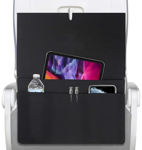 Airplane Tray Cover, Foldable Fabric Seat Back Organizer with Pockets, Reusable Tray Table Cover with Tablet Pocket, Soft Storage for Travel and Airplane Use