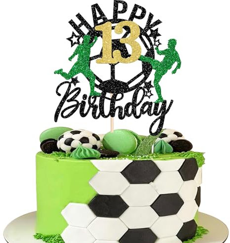 SYKYCTCY 1 Pack Soccer Happy 13th Birthday Cake Topper Sport Soccer Ball Cake Picks for Football Theme Teenagers 13th Birthday Party Cake Decorations Supplies
