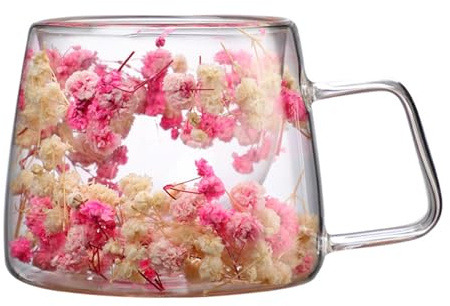 Générique Tasses Double Paroi Avec Fleurs Séchées, 200ml Tasse En Verre À Double Paroi, Tasse À Café, Tasse À Fleurs Sèches Avec Poignée, Blanc Rose