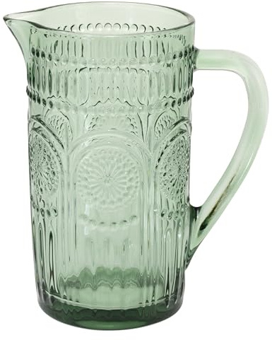Boston International Vintage-Inspired Glass Pitcher with Embossed Floral Pattern, 4.5 x 7.75, Sage Green Codi