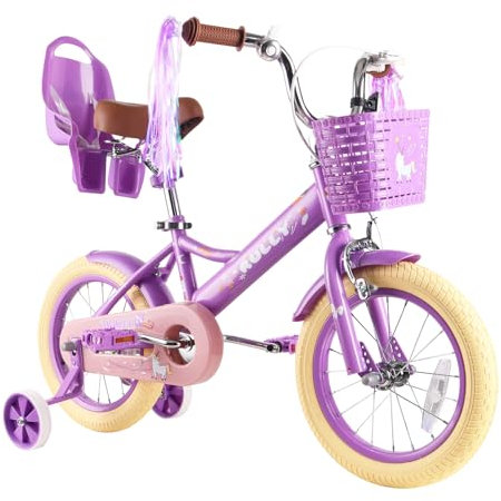 RULLY 16 Zoll Kinderfahrrad für 4 5 6 Jahre Mädchen mit Stützrädern & Handbremse vorne, Kinderfahrrad mit Korb, Fahrrad, Streamer, Kleinkinderfahrrad, Lila