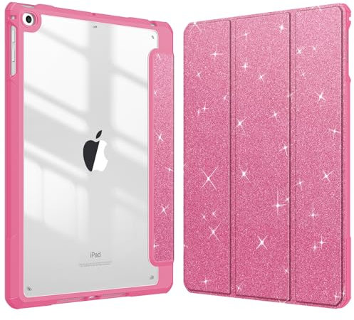 Fintie Hybrid-Schutzhülle für iPad 6. / 5. Generation (2018/2017), iPad Air 2 / Air 1 (9,7 Zoll), integrierter Stifthalter, stoßfeste Abdeckung mit klarer transparenter Rückseite, glitzerndes rosa