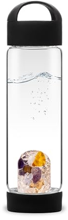 VitaJuwel ViA PRANA black | Yoga-Wasserflasche mit Amethyst, Versteinertem Holz, Chalcedon, Bernstein & Bergkristall für Achtsamkeit, Innere Balance & Lebenskraft