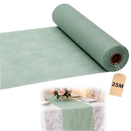 Forbabe 30cm x 25m Vlies Tischläufer Eukalyptus Grün Tischdeko Salbeigrün | Tischläufer Rolle Wiederverwendbar Dekorative Tischband Vlies Tischdecke für Geburtstage Taufen Kommunion Hochzeiten