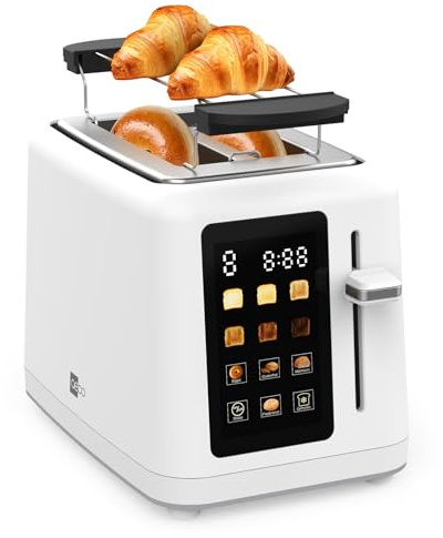aeco toastlab MAX Toaster 2 Scheiben, LED Touchscreen, 850W, 6 Bräunungsstufen, mit Brötchenaufsatz, Auftaufunktion, Liftfunktion, Brotzentrierung, Restzeitanzeige, Abschaltautomatik, Krümelfach, weiß