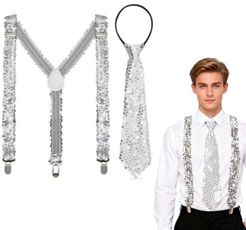 MINGBOLIN Pailletten Hosenträger,Krawatten für Herren Pailletten Krawatte Glitzer Outfit Herren Einstellbar Glitzer Krawatte für Damen,für Disco Karneval,Mottoparty,Neujahr