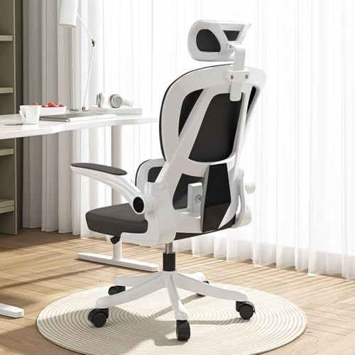 HDHNBA Office Chair Mesh Desk Chair,Ergonomic High-Back Rolling Gaming Work Chairs with Wheels and Adjustable Headrests,Comfortable Flip-up Arms for Home,Bedroom,Study Gaming(Black and White)