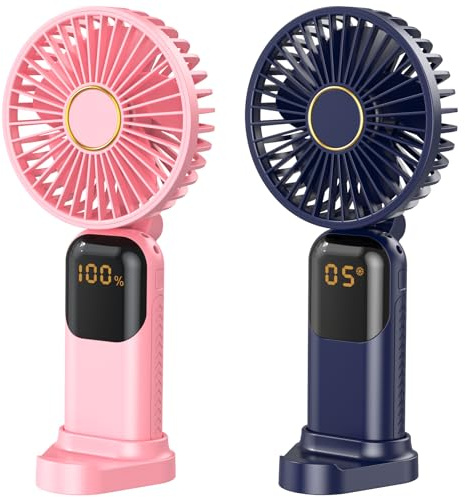2 Pack Handheld Fan, USB Rechargeable Portable Mini Hand Held Fan with 6 Speeds 5000mAh Battery Operated, Foldable Desk Small Fans with LED Display for Home Office Travel Outdoor Use, Summer Gift