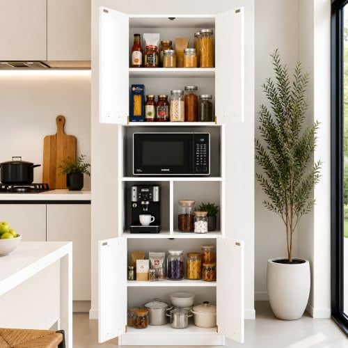 GOKHOMX Vorratsschrank Küche Weiß&Hochschrank 180cm, Mehrzweckschrank 60cm breit mit offenem Fach als Mikrowellen Schrank, Küchenschrank 40cm tief aus Holz, Haushaltsschrank Büroschrank für Ordner
