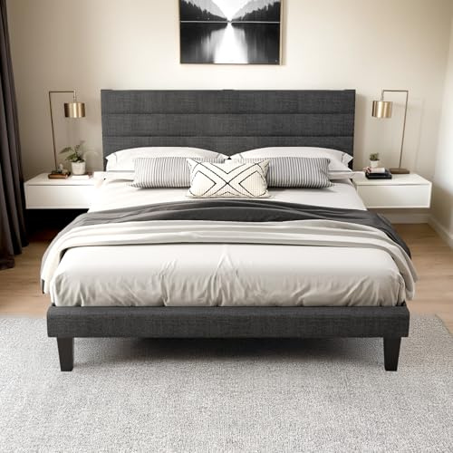 LEADZM Lit 2 Personnes 160×200cm, Cadre de lit avec sommier à Lattes et Tête de Lit rayé Réglable en Hauteur Rembourrée Lin Gris