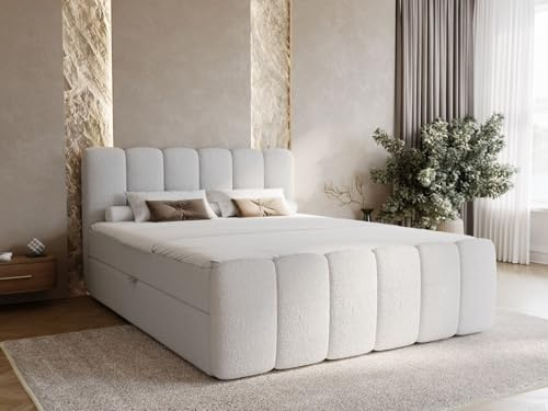 GRAINGOLD Cloud Bett, Boxspringbett mit Bettkasten, Polsterbett mit Bonell-Matratze, Bouclé-Stoff, mit Topper, mit Kopfteil (Grau, 160x200)