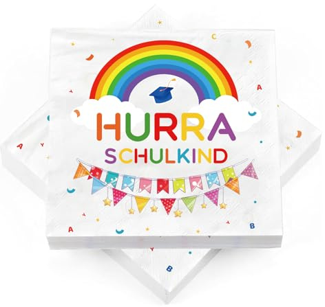 60 Stück Servietten Einschulung – Hurra Schulkind 2026, Regenbogen Tischdeko für Schulanfang, 33 x 33 cm Papierservietten für Mädchen & Junge, Einschulung Deko Set
