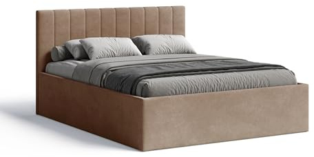 Meblofun Polsterbett RETTAN mit Kopfteil, 180x200 cm, Doppelbett mit Bettkasten und Lattenrost aus Holz, Velourstoff, Farbe: Hellbraun