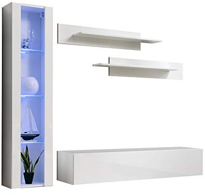 MB Muebles Bonitos, Ensemble de Meubles de Salon Nora 2 avec Meuble TV, Design Modulaire Moderne, Lumière LED, Couleur Blanc, Longueur 220 cm