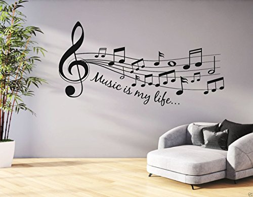 tjapalo® a-pkm46-S Flur Deko Wandspruch Wandtattoo Wohnzimmer Wandtatoo Noten Spruch Musik ist mein Leben Wandtattoo englisch Musik is my Life (B100 X H38 cm)