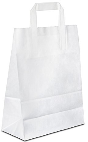 Papiertüten weiß mit Flach-Henkel I 100 Stk. 22+10x28cm I Papiertragetasche für Einzelhandel, Hochzeit, Geburtstag, TO-GO I Geschenktüten aus Kraftpapier I HUTNER