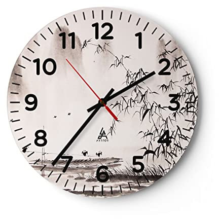 Modern Wanduhr Bambus schwarz China 30x30cm Rund Klein Wand Uhr Glas Analog Zimmeruhren Küche Büro Wohnzimmer Glasuhr Wall Clock Dekoration Design Wanddekoration Küchenuhr C4AR30x30-3116