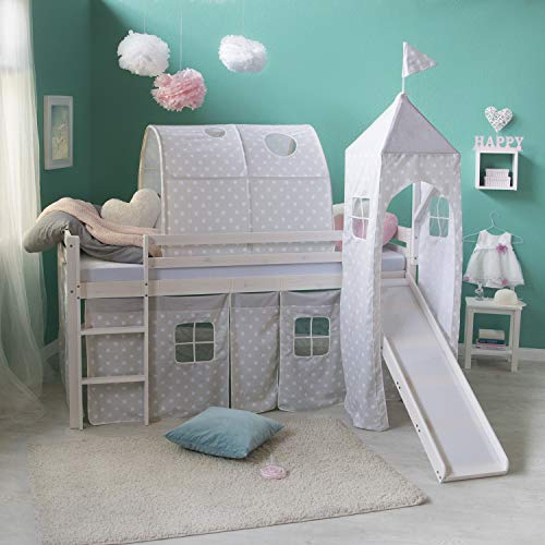 Homestyle4u 1887, Kinderbett Hochbett Weiß 90x200 mit Rutsche Treppe Tunnel Turm Vorhang Sterne Bettgestell Holz Kiefer