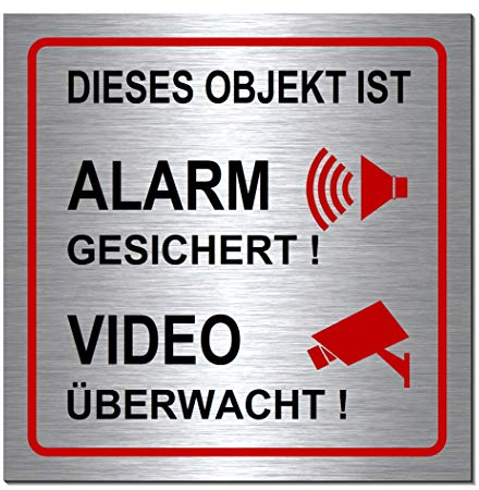 Objekt-Alarm-Video-gesichert-überwacht-200 x 200 x 3 mm-Schild-Alu. Edelstahloptik silber mattgebürstet-Warnschild-Alarmschild-Hinweisschild (1915-7 ohne Löcher)