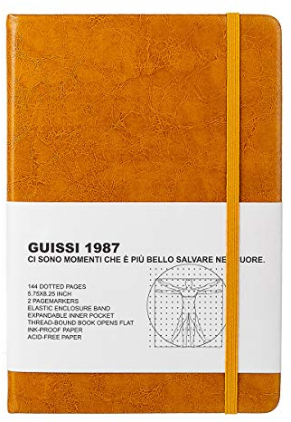 Guissi Klassisches Notizbuch mit Punkten, fester Einband, A5, 80 gms, dickes säurefreies Papier, mit feiner Innentasche, Kunstleder, 144 Seiten, entworfen in Florenz