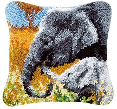 Coopay Latch Hook Pillowcase Making Kits, Cushion Crocheting Pillowcase Rug Sewing Craft Set, for Kids Adults Beginners, Home Accessory, Colorful, 43cm × 43cm, Elephant