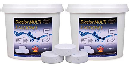 Pack 2 UDS - Cloro para Piscinas DIACLOR Multi 5 ACCIONES 10 KG (2x5 kg)- 50 Pastillas de Cloro Lento (200 gr- 7,5 cm Diámetro) - Tratamiento Completo 5 Efectos - SIN Cobre -