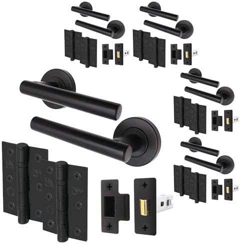 EAI Black Door Handle Latch Set - Pack of 5 | Round T-Bar Internal Door Handles, Latch (64mm), Hinges (76mm)| Matt Black Lever on Rose | Oliena Range