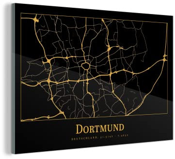 MuchoWow Glasbild Glasfoto Wandbild Bilder Deko 120x80 cm Stadtplan - Dortmund - Gold - Schwarz