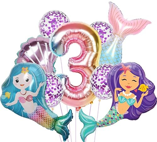 Aapxi Meerjungfrau Luftballons set 3 Jahr - Meerjungfrau Kindergeburtstag deko 9 Stücke xxl Folienballon,Geruchloser Heliumballon der Lange Zeit Schwimmt Geburtstag Dekoration Ballon Mädchen