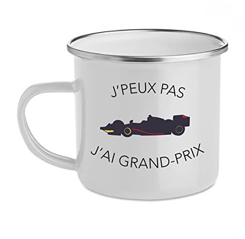 Tasse aus Emaille, Stahl, Retro-Design, Vintage, Jpeux pas J'ai Grand Prix, Blau / Rot / Gelb