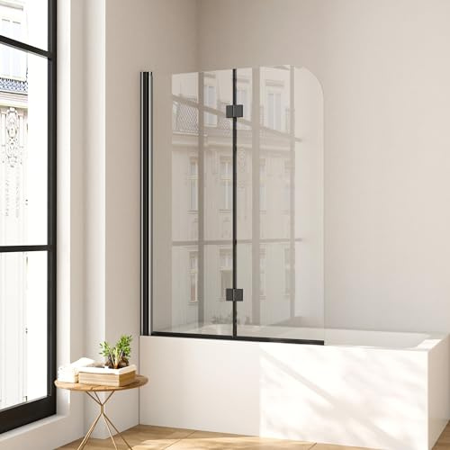 Duschkabine 120 x 140cm Duschwand für badewanne ‎Schwarz-matt Faltbar Nano Badewannen-Duschwand mit 6mm Nano Easy Clean Glas Beidseitig Montierbar Schönes ‎Schwarz-matt