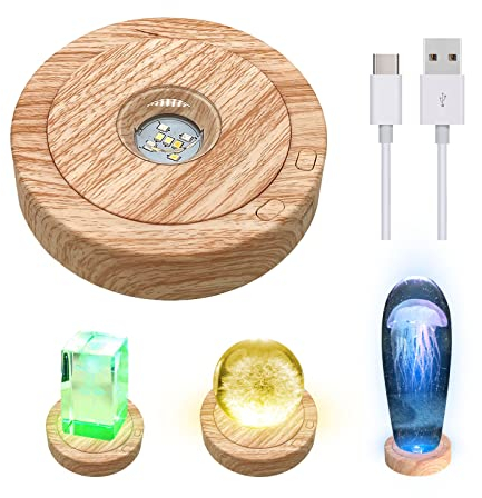 CDIYTOOL Round Rotatable LED Light Base, 8 Light Modes Display Stand, Multicolored Round Display Base for Crystal Statues Glass Ball (Wood Color)