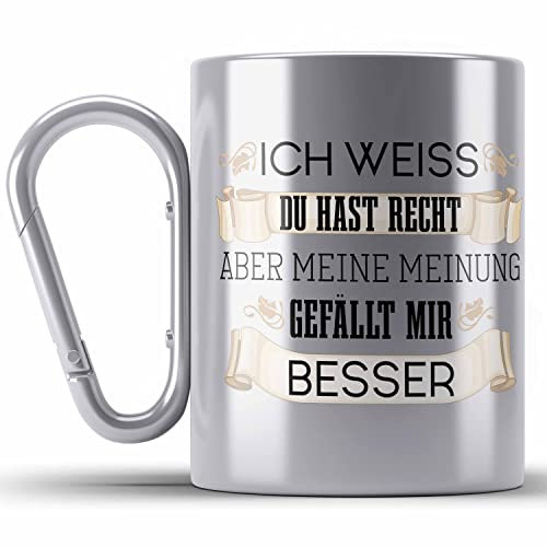 Trendation - Lustiges Geschenk für Männer Frauen Edelstahl Tasse Karabiner Besserwisser Geschenkidee Lustige Edelstahl Tasse Karabiner mit Spruch (Silber)