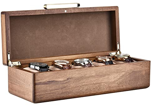 Shanik Uhrenbox aus Holz für Herren – Personalisierte Aufbewahrungsbox mit 5 Steckplätzen für Uhren, weiche Samtkissen, natürliches Akazienholz (Uhrenbox aus Holz/ohne Gravur)