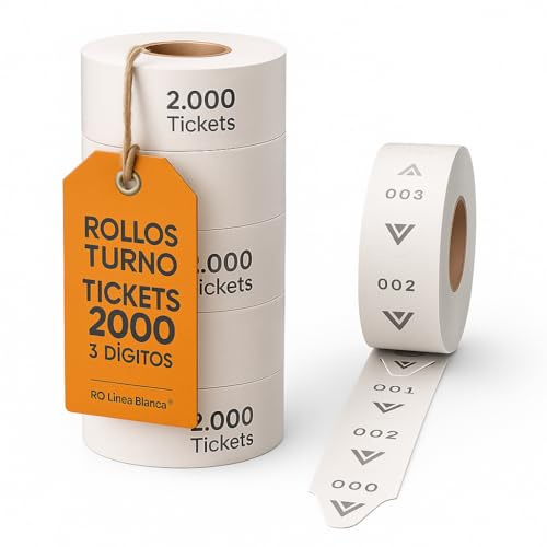 RO Linea Blanca ® Pack 5 Rollos de 2000 Tickets de 3 Dígitos modelo 1G CYPU 5D0U en Color Blanco Fabricado en España Compatible con Expendores de Turno