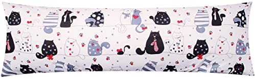 Baumwoll Renforcé Seitenschläferkissen Bezug 40x145cm - Katzen mit Pfoten, Sternen und Herzen - 100% Baumwolle Überzug Kissenbezug (KY-Katze)