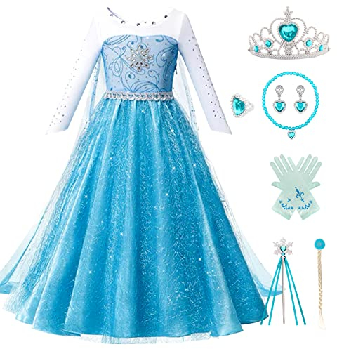 Kitimi Elsa Kleid Prinzessin Kleid M?dchen mit Krone Zauberstab Halsketten, Eisk?nigin Elsa Kost¨¹m M?dchen, Abendkleid Lang Elsa Prinzessin Kost¨¹m f¨¹r Weihnachten Cosplay Karneval Geburtstag Party