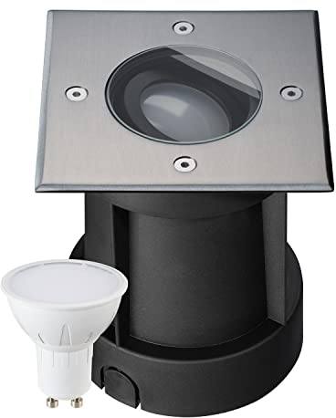 LED Bodeneinbaustrahler Set IP67 - Schwenkbar mit 5W LED GU10 warmweiß eckig Edelstahl