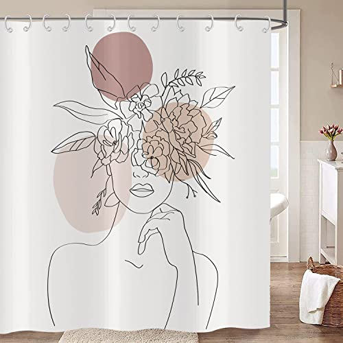 Hnmdmyi Rideau de Douche Femme Abstraite 180x180, Boho Mid Century Moderne Minimaliste Esthétique Art Fille Fleur Rideau de Baignoire Imperméable Polyester Tissu Lavable Rideau de Bain avec Crochets
