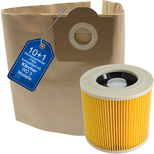 DeClean10 Staubsaugerbeutel und 1 Filter kompatibel mit Kärcher WD3 Ersatzteile WD 3 Premium,P,Extension Kit,Battery Serie Filtertüten 6.959-130.0 Beutel