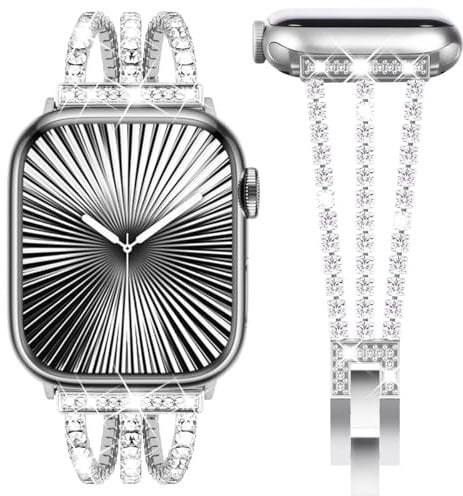 Fullife Metall Armband Kompatibel mit Apple Watch 42mm(Serie 10) 41mm 40mm 38mm Damen,Bling Glitzer Edelstahlarmband Kompatibel mit iWatch Series 10/9/8/7/6/SE/5/4/3/2/1,Silber