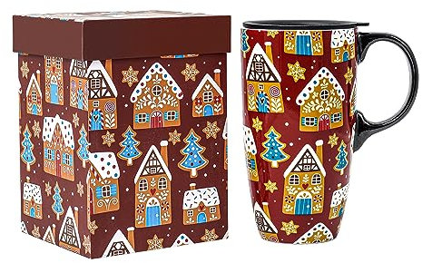 Topadorn Ceramic Travel Mug With Lid and Handle - 17 Oz Coffee Mug, Latte Teacup, Milk Cup - Gift for Coffee Lovers in Color Box, House