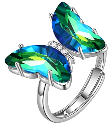 Aurora Tears Grüner Schmetterling Herz Ring Einstellbare Frauen 925 Sterling Silber Tier Schmetterlinge May Erstellt Smaragd Birthstone Smaragd Offener Ring Kristall Hochzeit Schmuck DR0133G