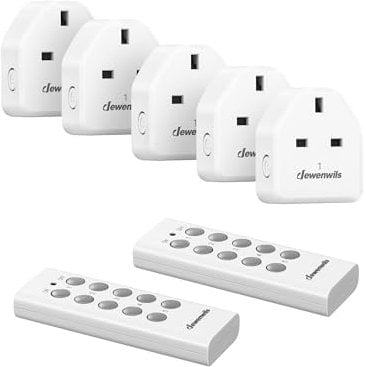 DEWENWILS Wireless Remote Control Sockets, 13A 3120W Heavy Duty Remote Switches, 30M Control Range, Programmable Remote Plug for Vacs, UKCA Listed, 5 Sockets and 2 Remotes
