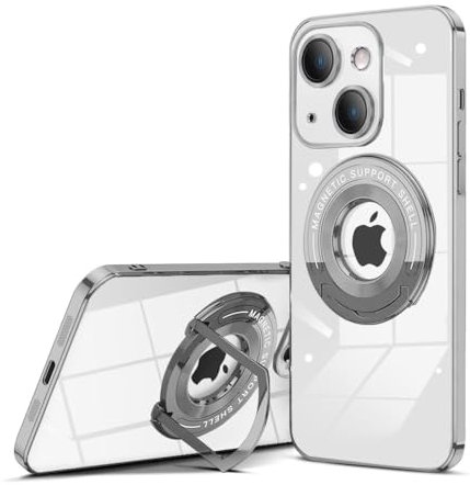 QLTYPRI Magnetic Clear Case for iPhone 13 Case Compatible with MagSafe, Invisible Ring Holder Stand, Camera Lens Full Protection, Slim Silicone Shockproof Phone Case Cover for iPhone 13 – Silver