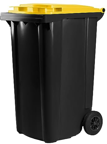 Bauer Mülltonne mit 2 Rädern und Deckel, Müllgroßbehälter, Abfalltonne, Mülleimer, Volumen: 240 Liter, Farbe: Grau/Gelb, Größe: 1092 x 578 x 734 mm