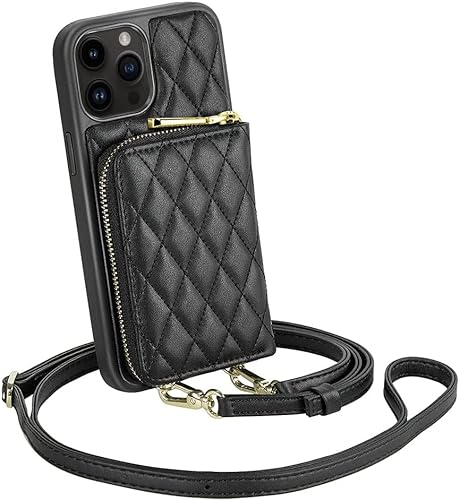 CUSTYPE für iPhone 15 Pro Max Hülle mit Band, Geldbörse Hülle aus Mikrofaserleder, Handykette Hülle für Apple iPhone 15 Pro Max Schwarz 6,7”